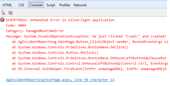 Console in IE9 after a crash using basic Silverlight exception handling with debugger attached