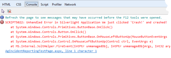 Console in IE9 after a crash using basic Silverlight exception handling