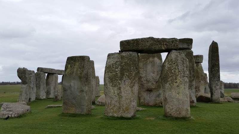 Stonehenge with cement repairs visible on the left-most foreground sarsen stone