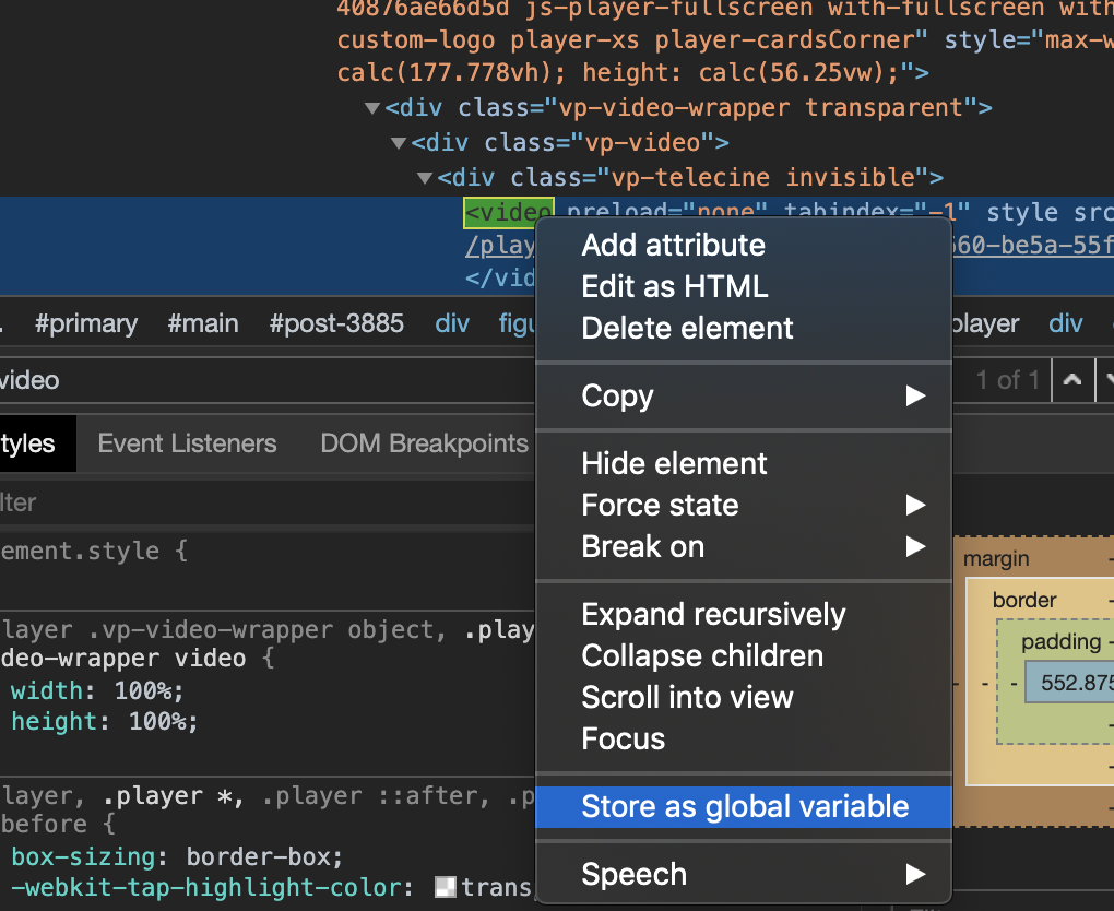 Screen grab showing the found "video" element and the right-click menu with the "Store as global variable" option highlighted.