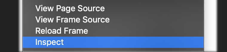 Screen grab of the right-click menu, showing the commands "View Page Source", "View Frame Source", "Reload Frame" and "Inspect"