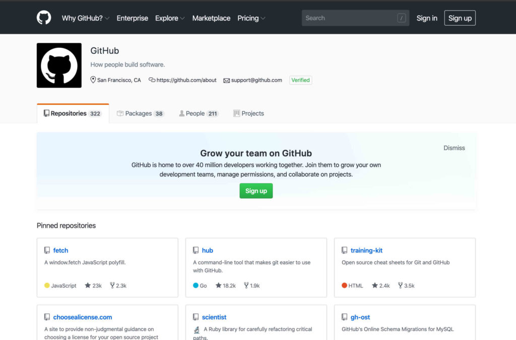 A screenshot of the GitHub organization's page on GitHub. The screen shows the GitHub logo (the octocat) and information including geographical location, URL, contact email, and several tabs giving more information about the organization's repositories, packages, people, and projects. The repositories tab is selected.