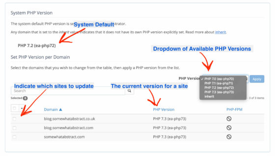Screenshot of the MultiPHP Manager screen in BlueHosts version of cPanel. Several areas have been indicated with red arrows and associated text; the System Default version, the dropdown of available PHP versions,