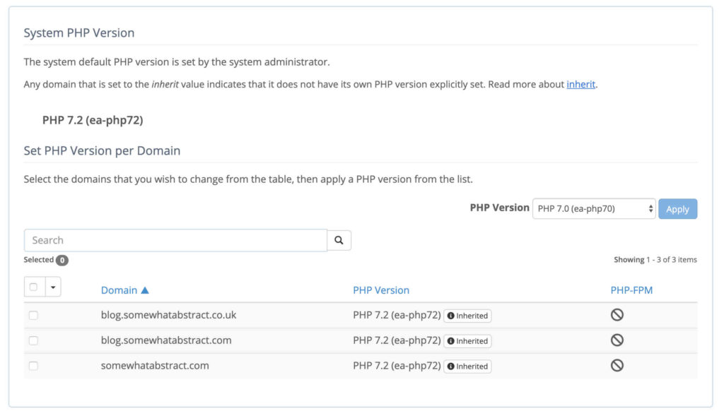 Screenshot of the MultiPHP Manager screen in BlueHosts version of cPanel. It shows the System PHP Version of PHP 7.2 as well as my domains, with each saying they inherit this same version of PHP.