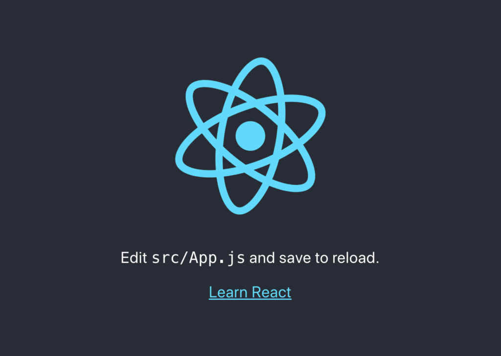 Screenshot of the website created by the create-react-app tool. It shows the React logo in blue, over a dark grey background, with the text "Edit src/App.js and save to reload." and a link labelled, "Learn React"