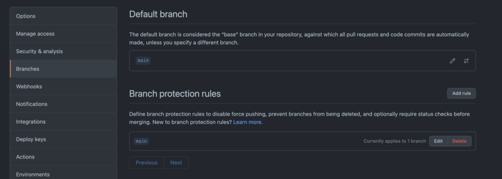 A screenshot of the Branches options section of the GitHub repository Settings tab. It shows the repository's default branch as well as any branches that have protection rules setup, along with options to add, modify, and delete those rules.