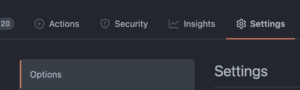 A screenshot showing a zoomed in portion of the GitHub repository Settings tab with the Options section selected