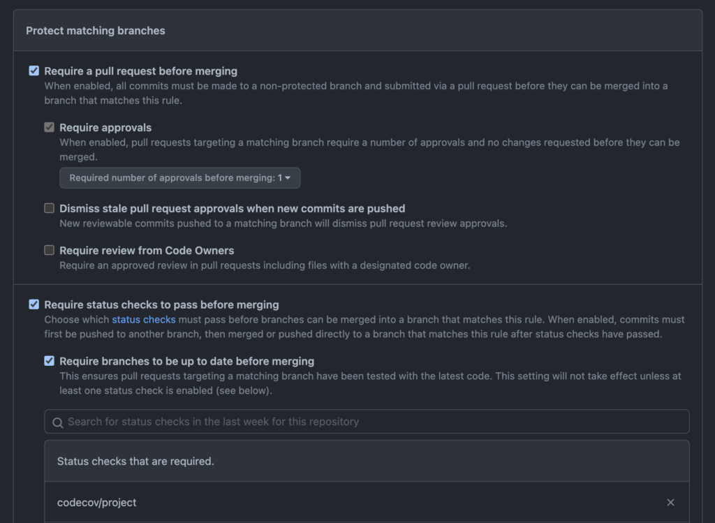 A screenshot of a portion of the branch protection rules screen in GitHub. There are some unchecked options and some checked options, along with text describing what those options do.